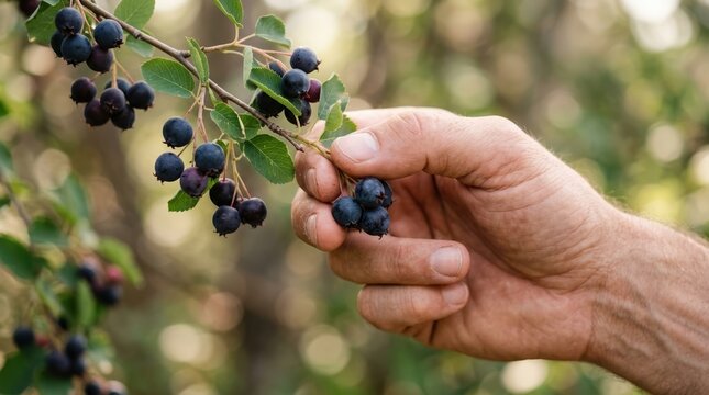 Hand Picking Fresh Saskatoon Berries from Bush in Summer Orchard for Healthy Organic Food Harvesting Concept