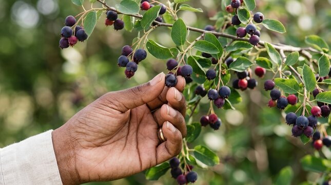 Black person hand picking fresh Saskatoon berries from bush in summer orchard for healthy organic food harvest