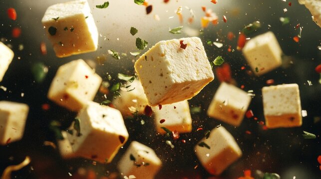 cubes of paneer floating in the air, surrounded by herbs and droplets of curry; generative ai