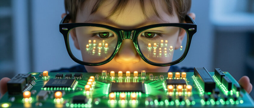 A child wearing glasses intently examines a glowing electronic circuit board in a close-up shot.