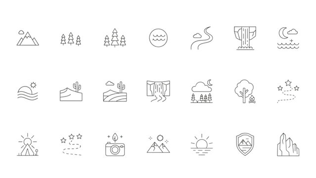 Nature landscape and geography thin line icon set featuring mountains hills forest river lake desert cliffs and national park symbols