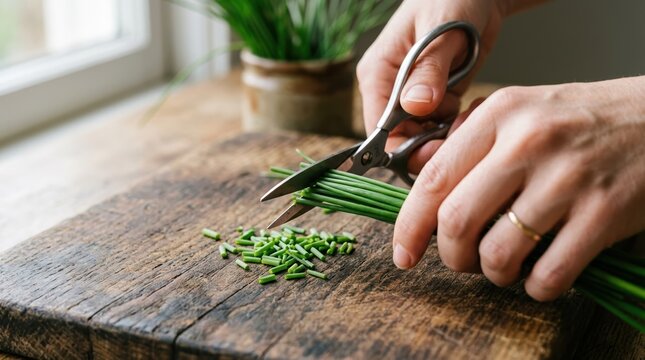 Close up of female hands using kitchen shears to chop fresh green chives on a rustic wooden cutting board for cooking
