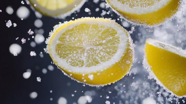 lemonade floating in the air citrus slices and sugar crystals suspended generative ai