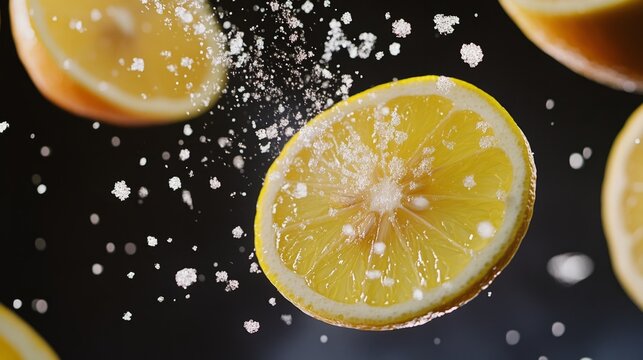 lemonade floating in the air citrus slices and sugar crystals suspended generative ai