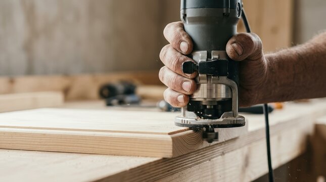 Close up of a carpenter using a wood router to shape the edge of a pine board in a professional woodworking workshop