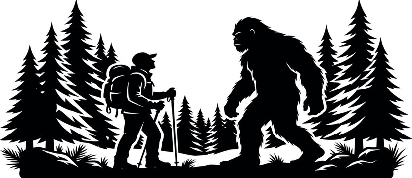 Bigfoot Encounter Hiking Adventure Vector Silhouette Illustration of a Backpacker Facing Sasquatch in a Pine Forest Landscape, Ideal for Outdoor Enthusiasts and Cryptozoology Fans.