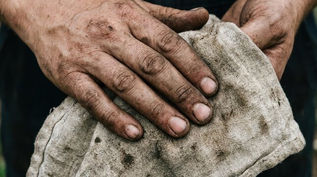 Dirty calloused hands of a male mechanic holding a greasy rag for cleaning and maintenance work in a workshop