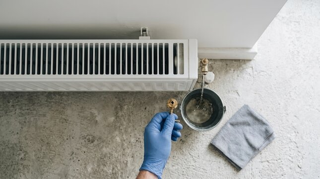 Person Bleeding Radiator with Key and Bucket for Home Heating Maintenance and Repair Service