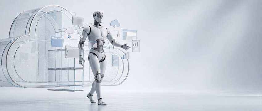 Full body white humanoid robot walking next to abstract glass cloud computing data structure