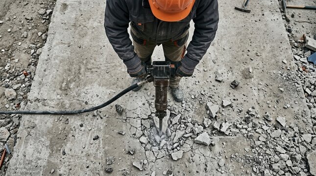 Construction worker using a pneumatic jackhammer to break concrete pavement on a road renovation site