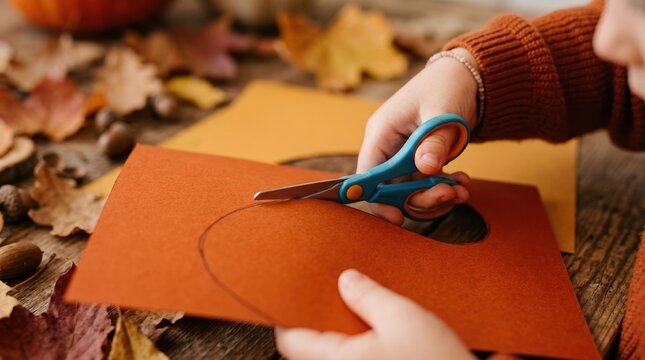 Young Child Cutting Orange Paper Shape for Autumn Craft Project at Home