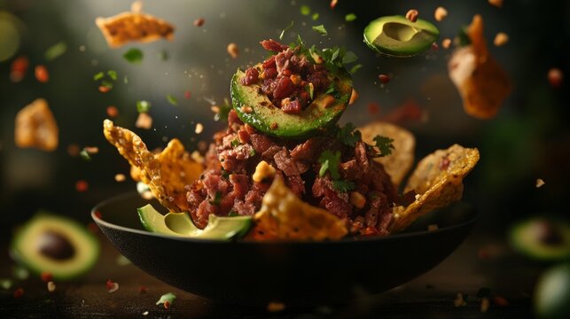 fried plantain discs floating in the air, with avocado and meat orbiting the plate; generative ai