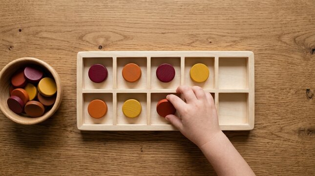 Child Learning Math with Wooden Ten Frame Counting Tray and Colorful Coins for Early Childhood Education Development