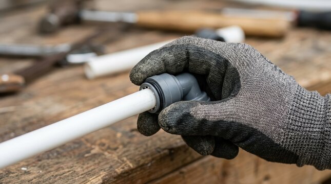 Plumber installing PEX pipe with push fit elbow fitting on wooden workbench for home renovation and plumbing repair