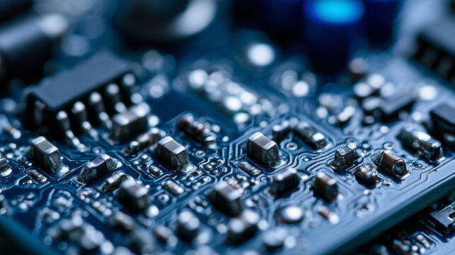 Close up of a blue printed circuit board with electronic components.