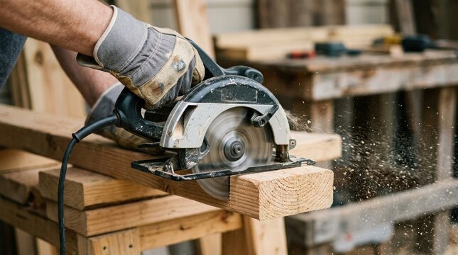 Carpenter using circular saw to cut wooden beam in workshop, professional construction worker building furniture