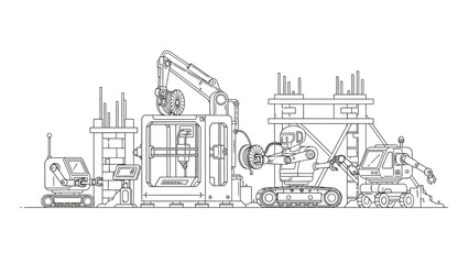 Obraz premium Robotic Construction Site Illustration with Industrial 3D Printer and Automated Machines