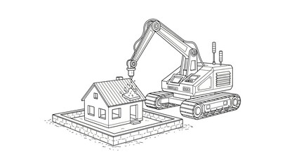 Fototapeta premium Excavator Demolishing House Line Art Illustration