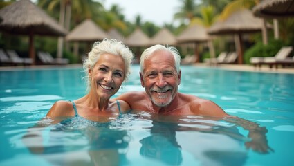 Fototapeta premium Happy senior couple enjoying a refreshing swim in a tropical resort pool