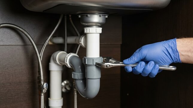 Professional Plumber Fixing Kitchen Sink Drain Pipe with Adjustable Wrench Under Cabinet Repair Service Concept