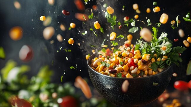 pozole floating in the air, corn kernels and herbs orbiting the bowl, generative ai