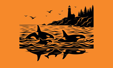 Majestic Orca Pod Swimming near a Coastal Lighthouse at Sunset, Black Silhouette Vector Illustration with Orange Background, Killer Whales Marine Life Art for Travel and Nature Projects. © Sadek