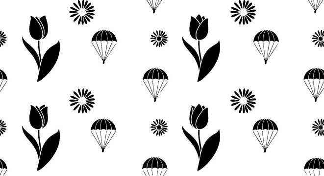 Black and white tulips and parachutes pattern design.