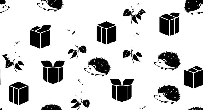 Black and white hedgehog and gift box pattern design.
