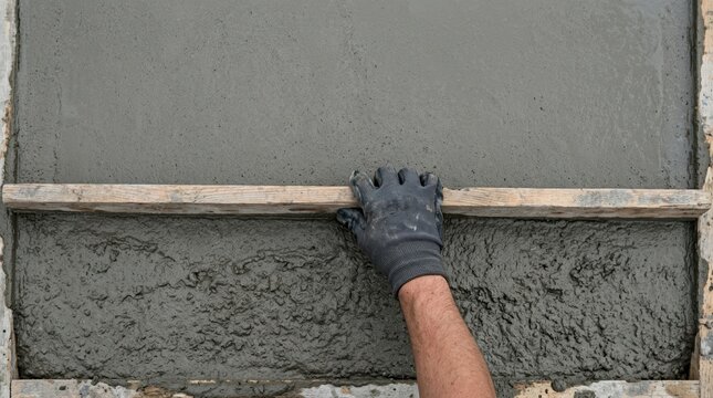 Construction worker leveling wet concrete slab with wooden screed board for residential driveway foundation project