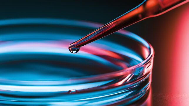Macro Close-up of a Pipette Dropping Clear Liquid into a Petri Dish with Neon Red and Blue Lighting.
