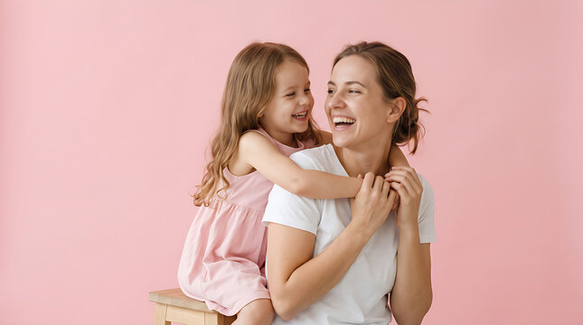 Happy Mother and Young Daughter Sharing Loving Hug on Pink Studio Background Celebrating Family Bond and Joyful Togetherness
