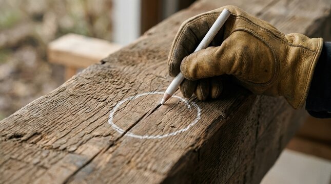 Carpenter marking rough timber with white pencil for woodworking project, close up of gloved hand on weathered wood beam