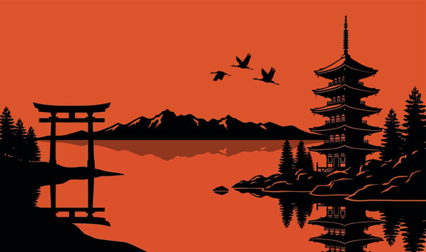 Traditional Japanese Landscape Vector Illustration Featuring a Majestic Pagoda, Torii Gate, Scenic Mountains, and Flying Cranes at Sunset - Minimalist Zen Background for Asian Culture