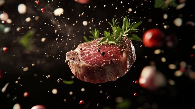 premium-quality steak floating in mid-air; herbs, peppercorns, and drops of sauce surround the meat generative ai