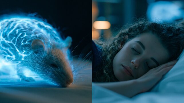 Split-screen scientific concept with a mouse brain glowing under gentle stimulation beside a person sleeping peacefully in bed, dark lab-like setting, thoughtful mood, low blue lighting, balanced