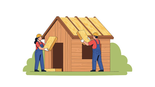 Construction Workers Building a Wooden House Illustration. Male and female builders in hard hats working on a DIY home project. Teamwork and housing development concept.