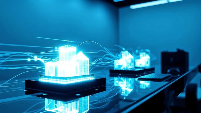 ​A futuristic visualization of a smart home concept featuring a glowing, translucent blue 3D holographic model of a house.