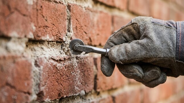 Mason using a tuck pointer tool to repair mortar joints on an old brick wall for home renovation and masonry maintenance