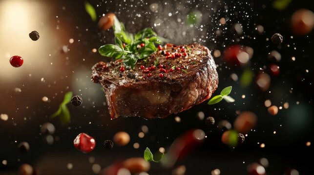 premium-quality steak floating in mid-air; herbs, peppercorns, and drops of sauce surround the meat generative ai