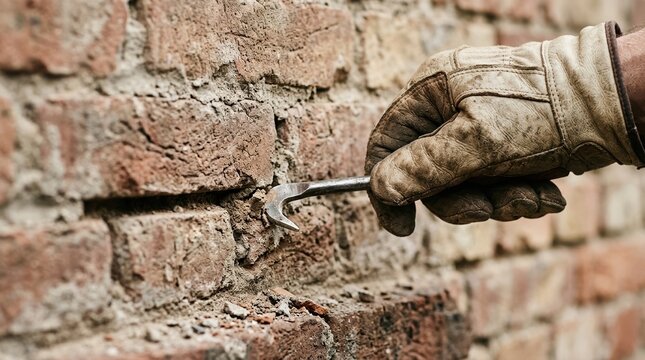 Construction worker repairing old brick wall mortar using a tuck pointing tool for masonry restoration and renovation