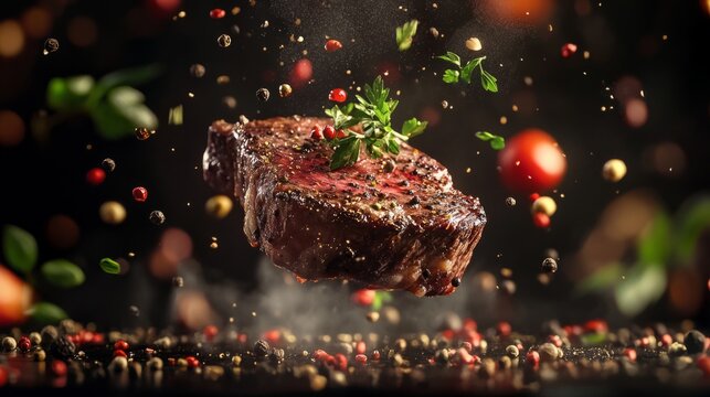 premium-quality steak floating in mid-air; herbs, peppercorns, and drops of sauce surround the meat generative ai