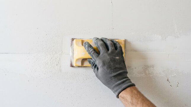 Hand sanding drywall with yellow block tool for home renovation and wall repair project