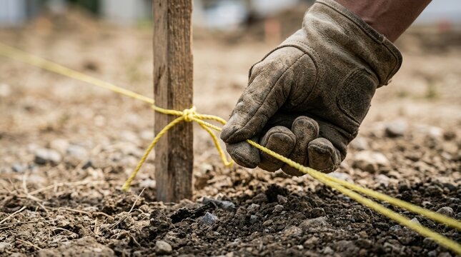 Construction worker hand in leather glove setting up layout string line on wooden stake for foundation site preparation