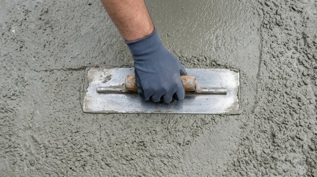 Construction worker smoothing wet concrete with a metal trowel for a residential driveway paving project