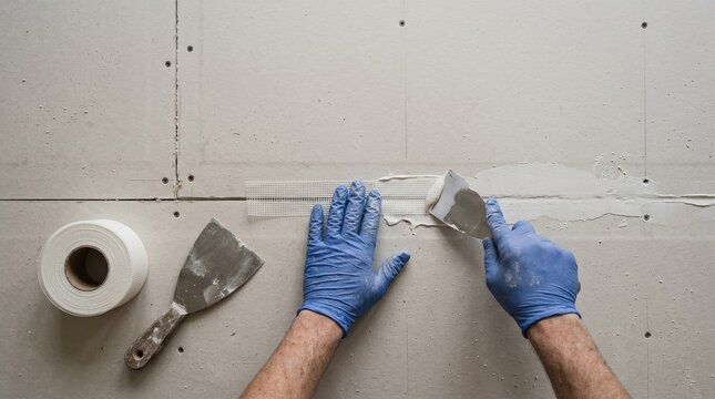 Professional Construction Worker Applying Joint Compound Tape to Drywall Seams During Home Renovation Project