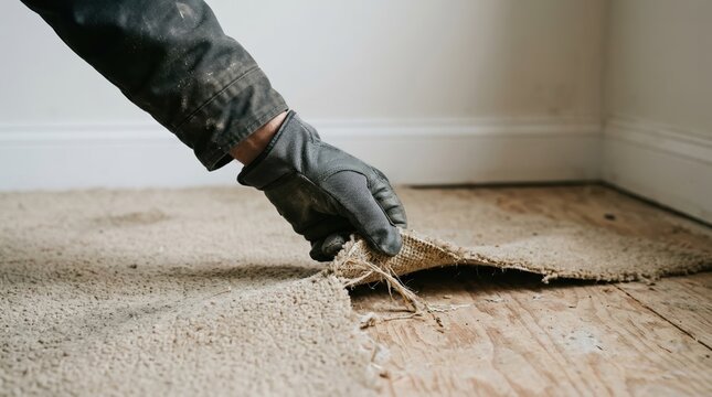Worker removing old carpet from wooden subfloor during home renovation project for flooring installation preparation