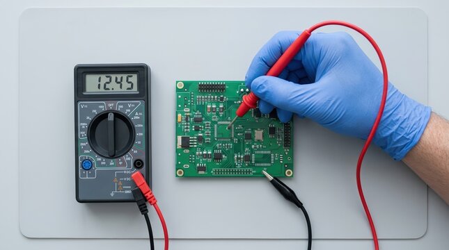 Electronics Engineer Testing Printed Circuit Board with Multimeter for Quality Control and Troubleshooting