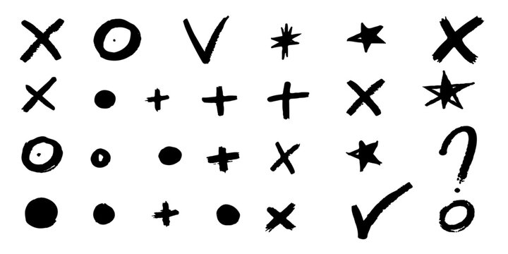 Black hand drawn bullet points, checklist marks and exam grading icons for design