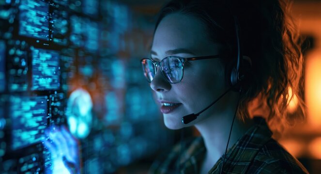 Military intelligence officer woman with headset monitors data in command center