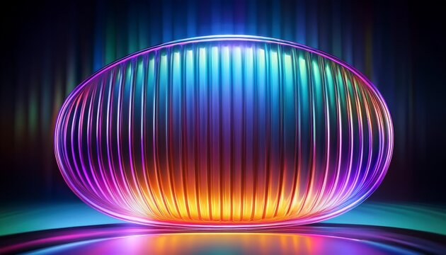 Translucent Vertical Ridged Glass With Vibrant Elliptical Neon Gradient Glowing Softly Through Textured Surface Futuristic Ribbed Glass Design Featuring Radiant Oval